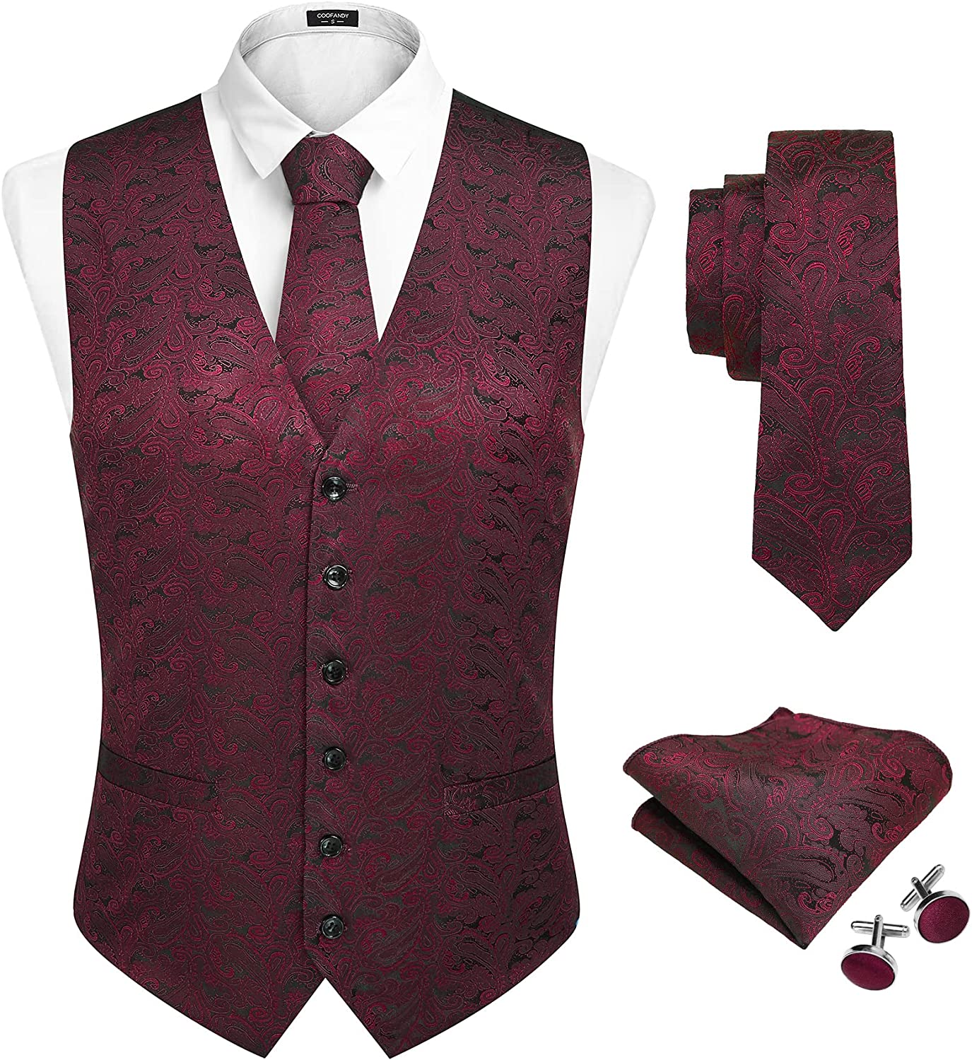 COOFANDY Men's Paisley Vest Tie Set Formal 4PC Suit Vest Floral Waistcoat Necktie Pockets Party Prom Wedding