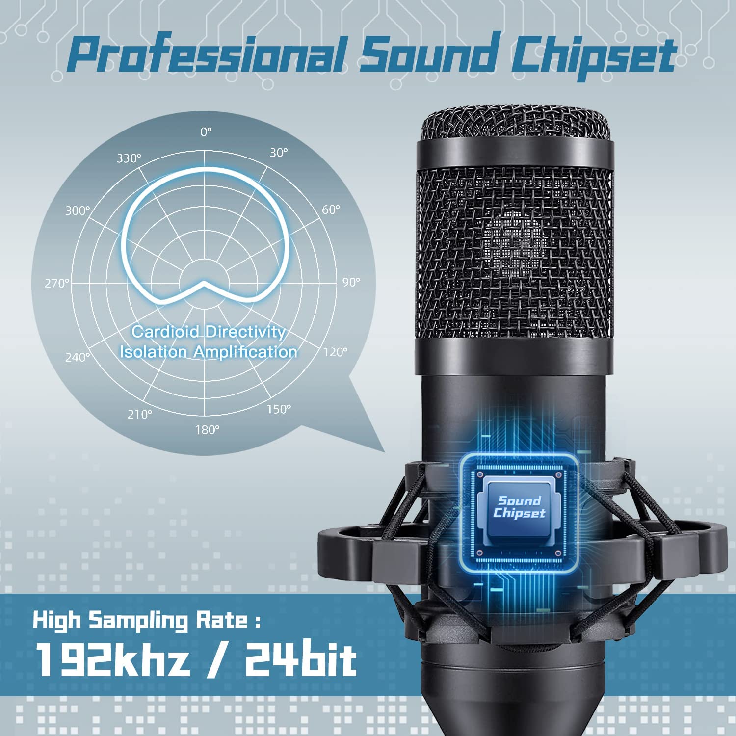 ovedisa USB Microphone, Professional 192kHz/24Bit Plug & Play PC Computer Condenser Cardioid Mic Kit with Sound Advanced Chipset, for Streaming, Podcast, Studio Recording and Games