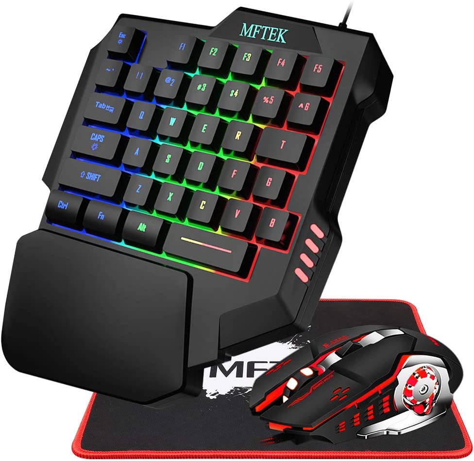 MFTEK One Hand Gaming Keyboard and Mouse Combo, RGB Rainbow Backlit One-Handed Mechanical Feeling Gaming Keyboard with Wrist Rest Support, USB Wired Keyboard Mouse and Mouse Pad Set for PC PS4 Gamer