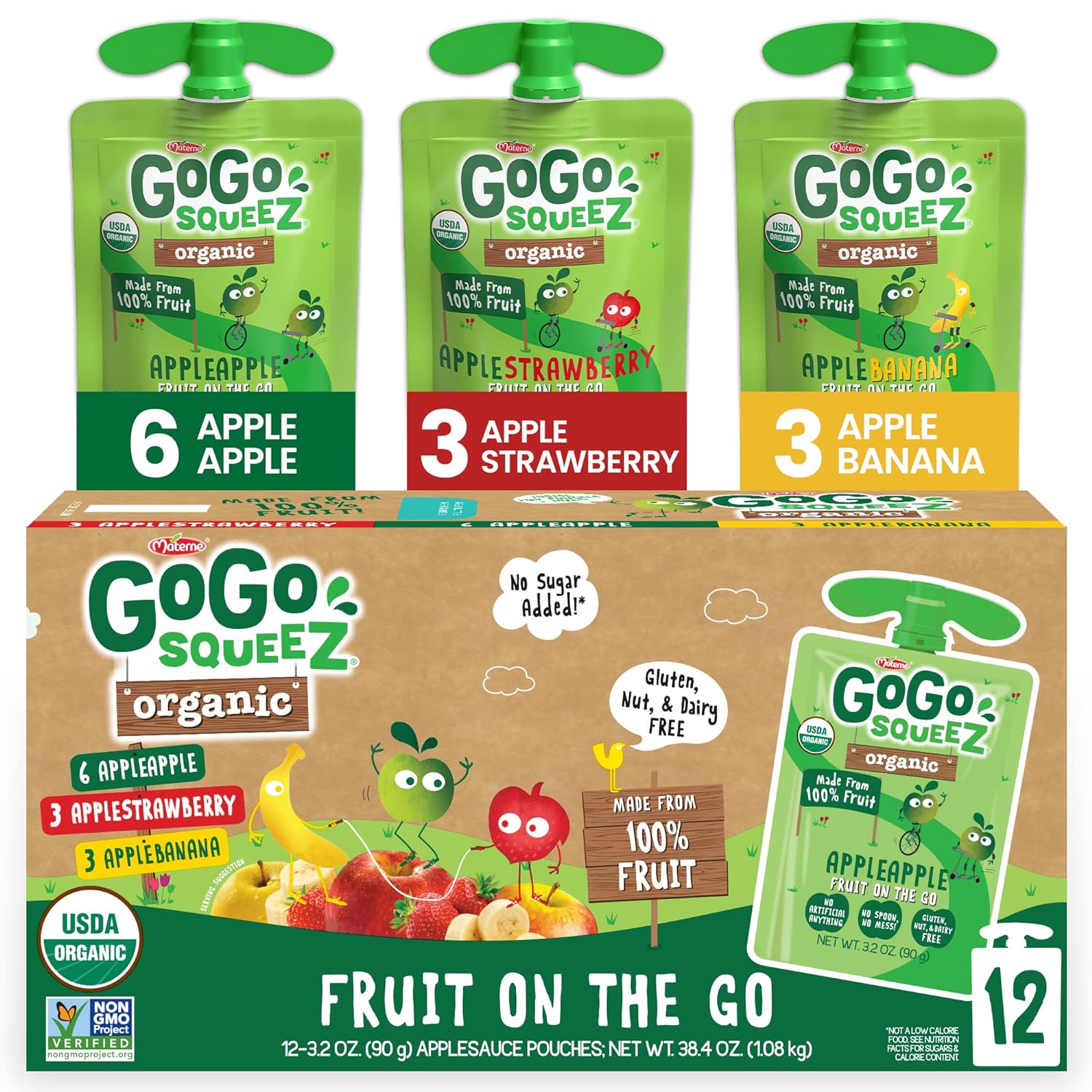 GoGo squeeZ Organic Fruit on the Go Variety Pack， Apple/Banana/Strawberry， 3.2 oz. (12 Pouches) - Made from Organic Apples， Bananas &amp; Strawberries - Gluten Free Snacks - Nut &amp; Dairy Free - Veg