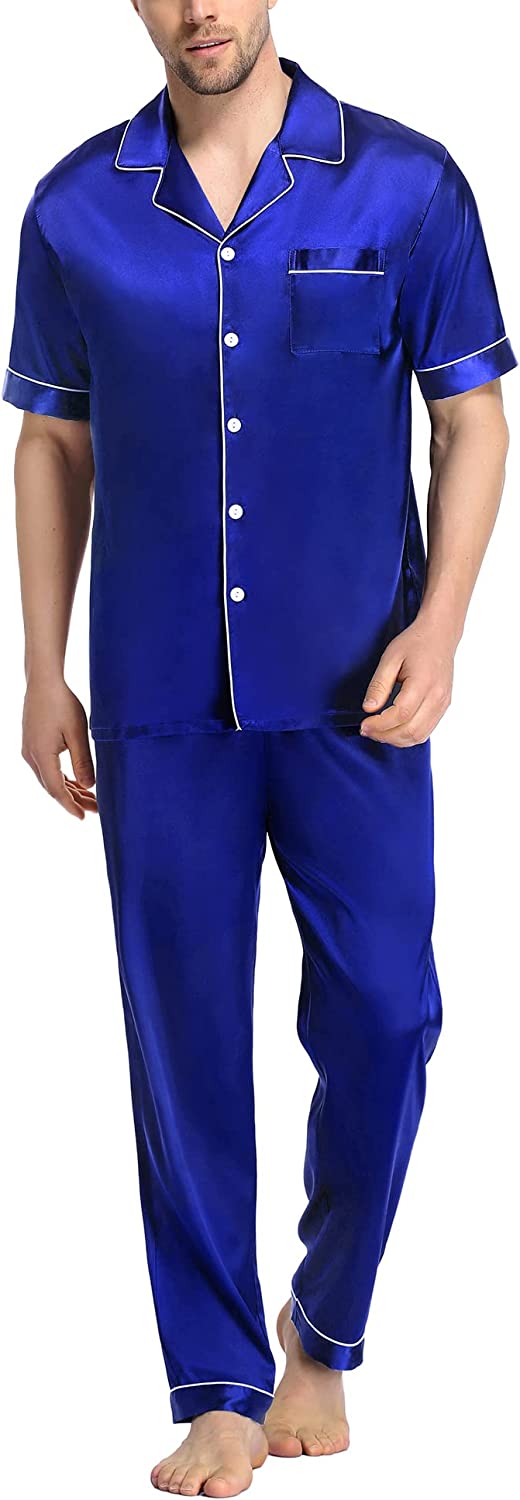 SWOMOG Men's Silk Satin Pajama Set Short Sleeve Classic Sleepwear Button Down Loungewear with Long Pants