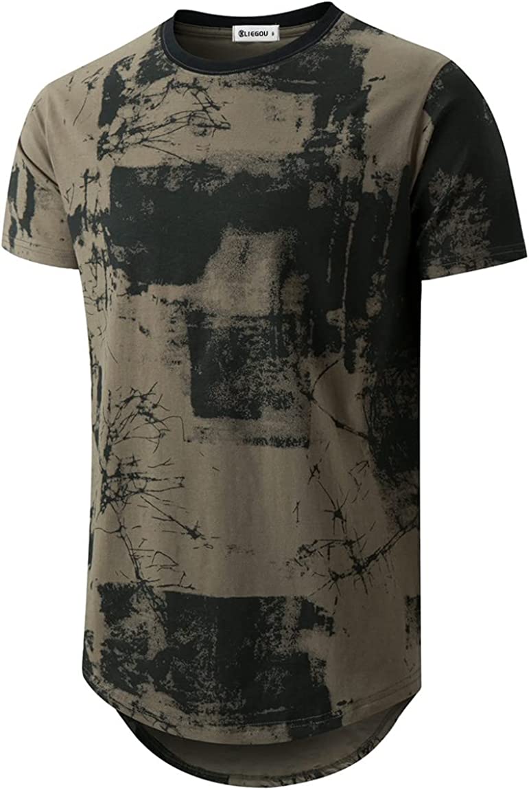 KLIEGOU Mens Hipster Hip Hop Round Hemline Pattern Print T Shirt