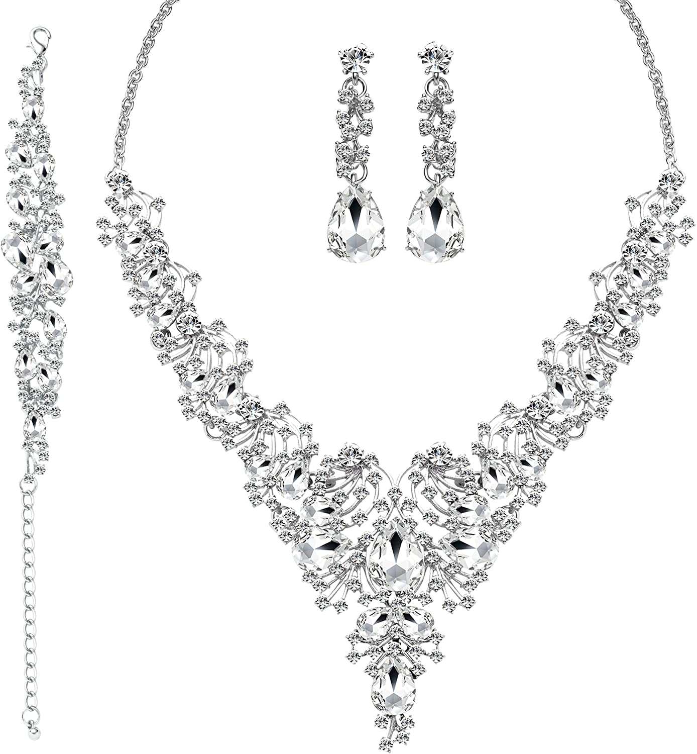 M?MIRACULOUS GARDEN 3/4 Pieces Women's Jewelry Sets Rhinestone Crystal Bridal Tiara Crown Choker Necklace Link Bangle Bracelet Teardrop Dangle Earrings Set and Rhinestone Handbag for Wedding Party