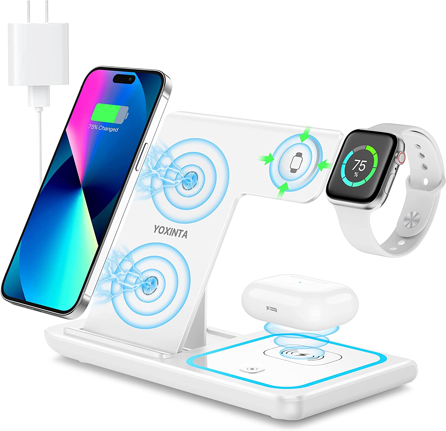 Wireless Charging Station, 3 in 1 Wireless Charger Stand, Fast Wireless Charging Dock for iPhone 14/13/12/11/Pro/X/Max/XS/XR/8/Plus, for Apple Watch 8/7/6/5/4/3/2/SE, for Airpods 3/2/Pro(White)