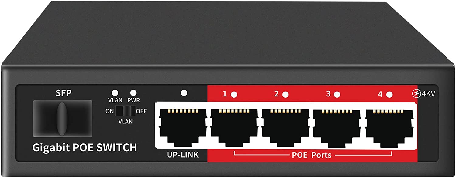 STEAMEMO 5 Port AI PoE Switch (4 POE Ports +1 Uplink), 802.3af/at PoE 100Mbps, 52W Built-in Power, Extend to 250Meter, Unmanaged Metal Plug and Play