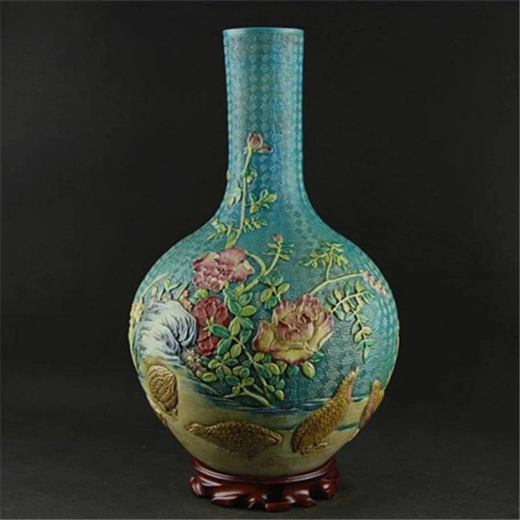 QUUL Classic Green Ceramic Vase Embossment Antique Porcelain Flower Vase for Decoration