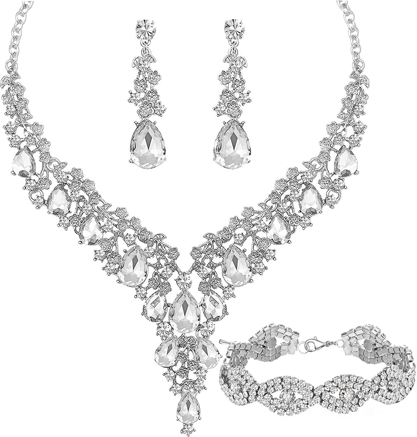 Paxuan Wedding Bridal Bridesmaid Austrian Crystal Rhinestone Jewelry Sets Statement Choker Necklace Drop Dangle Earrings Sets for Wedding Party Prom
