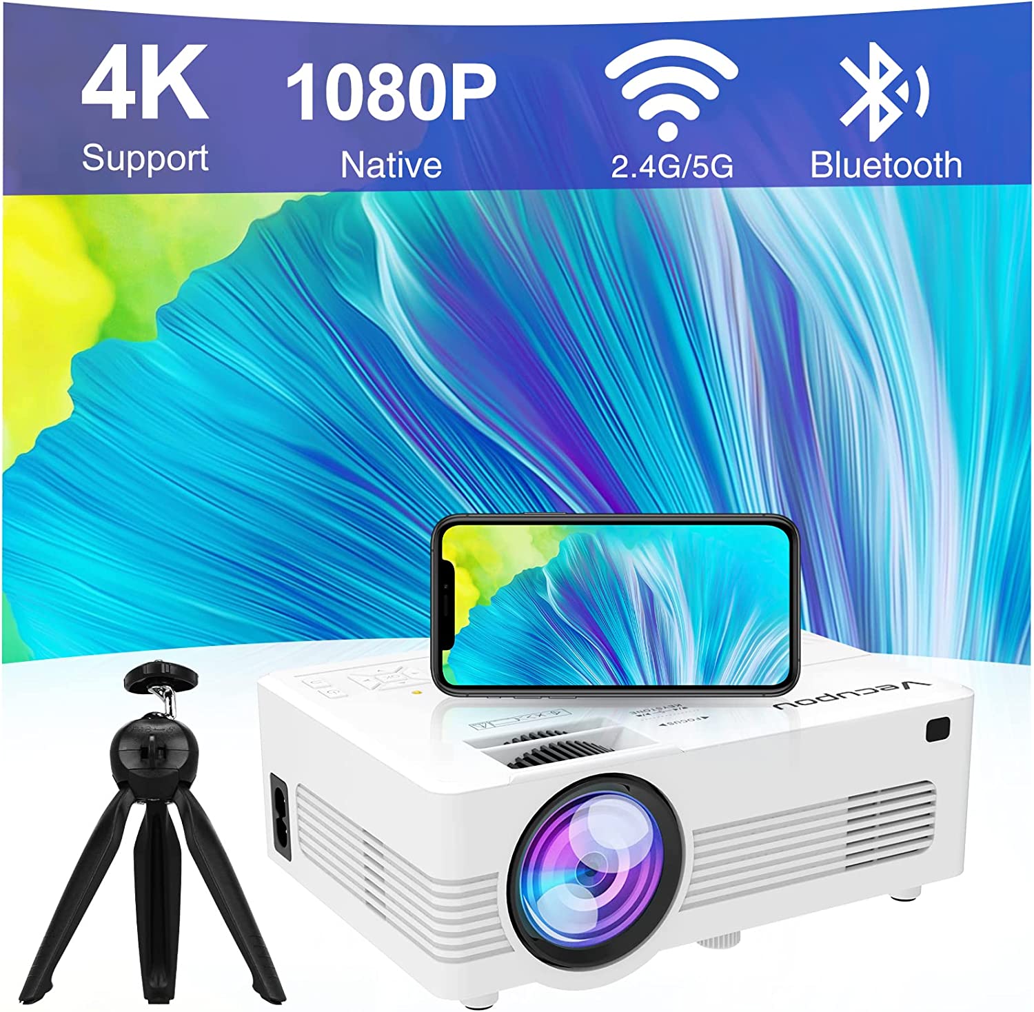 Native 1080P Mini Projector with 5G WiFi and Bluetooth (with Tripod), 4K Supported Outdoor Projector, Portable Movie Projector Compatible with TV Stick, iOS, Android, PS5, HDMI, USB, Vecupou