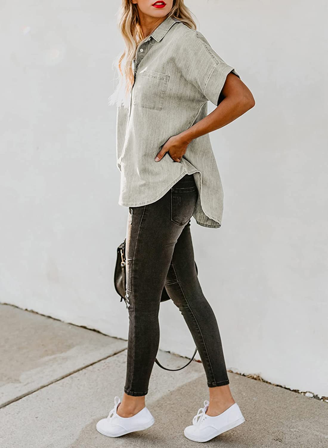 Astylish Womens Button Down Shirts V Neck Loose Casual Shirt