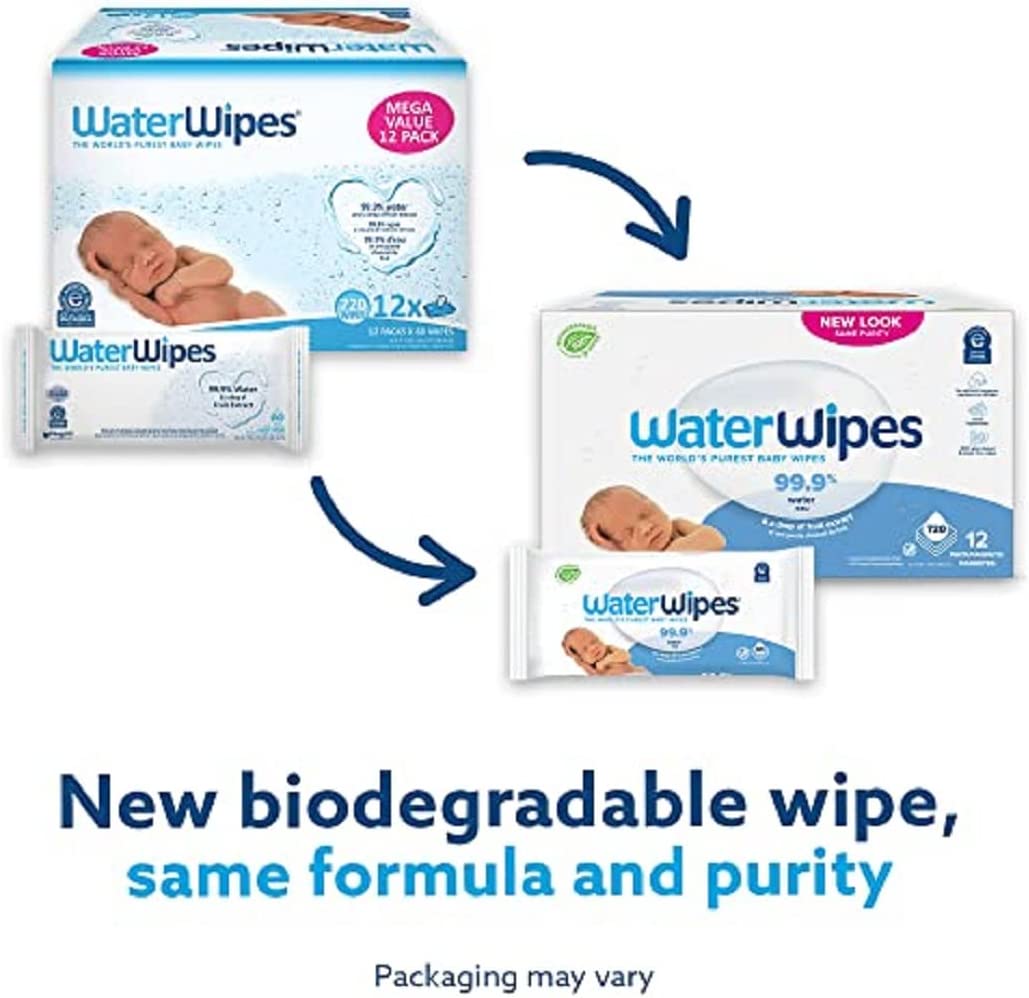 WaterWipes Plastic-Free Original Baby Wipes， 99.9% Water Based Wipes， Unscented &amp; Hypoallergenic for Sensitive Skin， 720 Count (Pack of 12)， Packaging May Vary