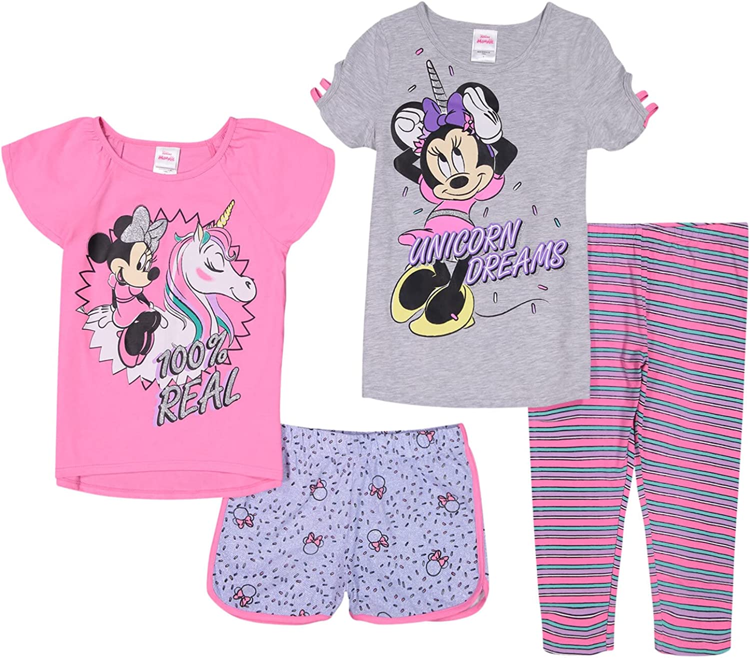 Disney Minnie Mouse Frozen Graphic T-Shirt Tank Top Leggings and Shorts 4 Piece Outfit Set