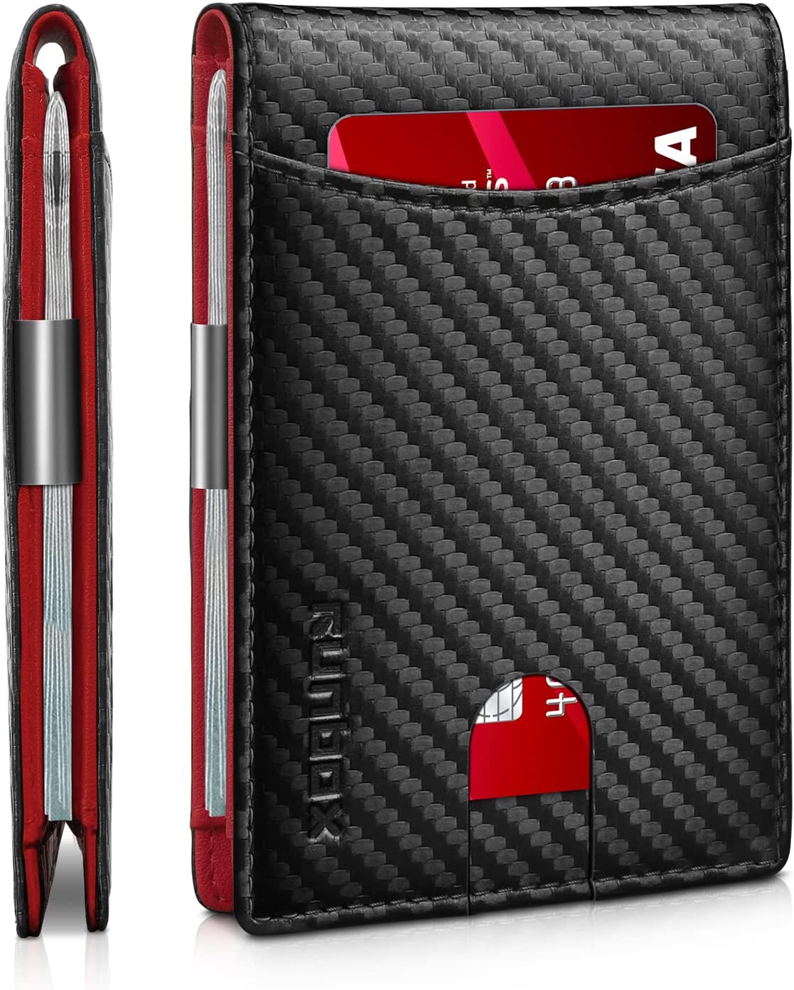 RUNBOX Red Wallet for Men Slim with 11 Credit Card Slots Leather Money Clip RFID Blocking Thin Men's Wallet Bifold Minimalist Front Pocket Large Capacity with Gift Box Carbon