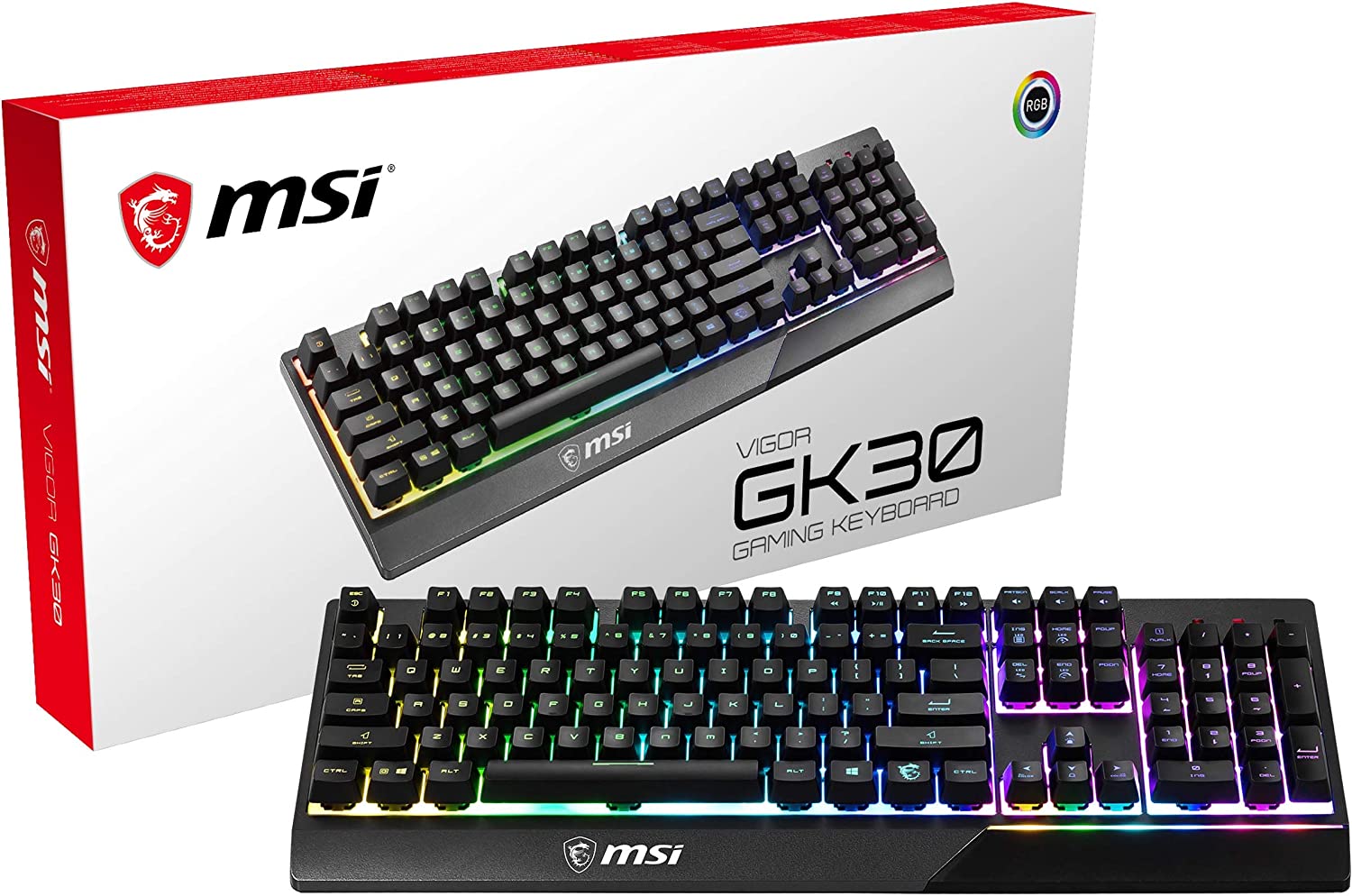 MSI Vigor GK30 RGB Gaming Keyboard, 6-Zone RGB Lighting, Water Repellent & Splash-Proof, Mechanical-Like Plunger Switches