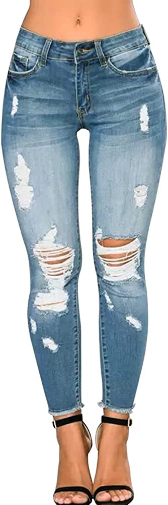 CME SHOWU Women Skinny Ripped Jeans Stretch Distressed Destroyed Denim Pants