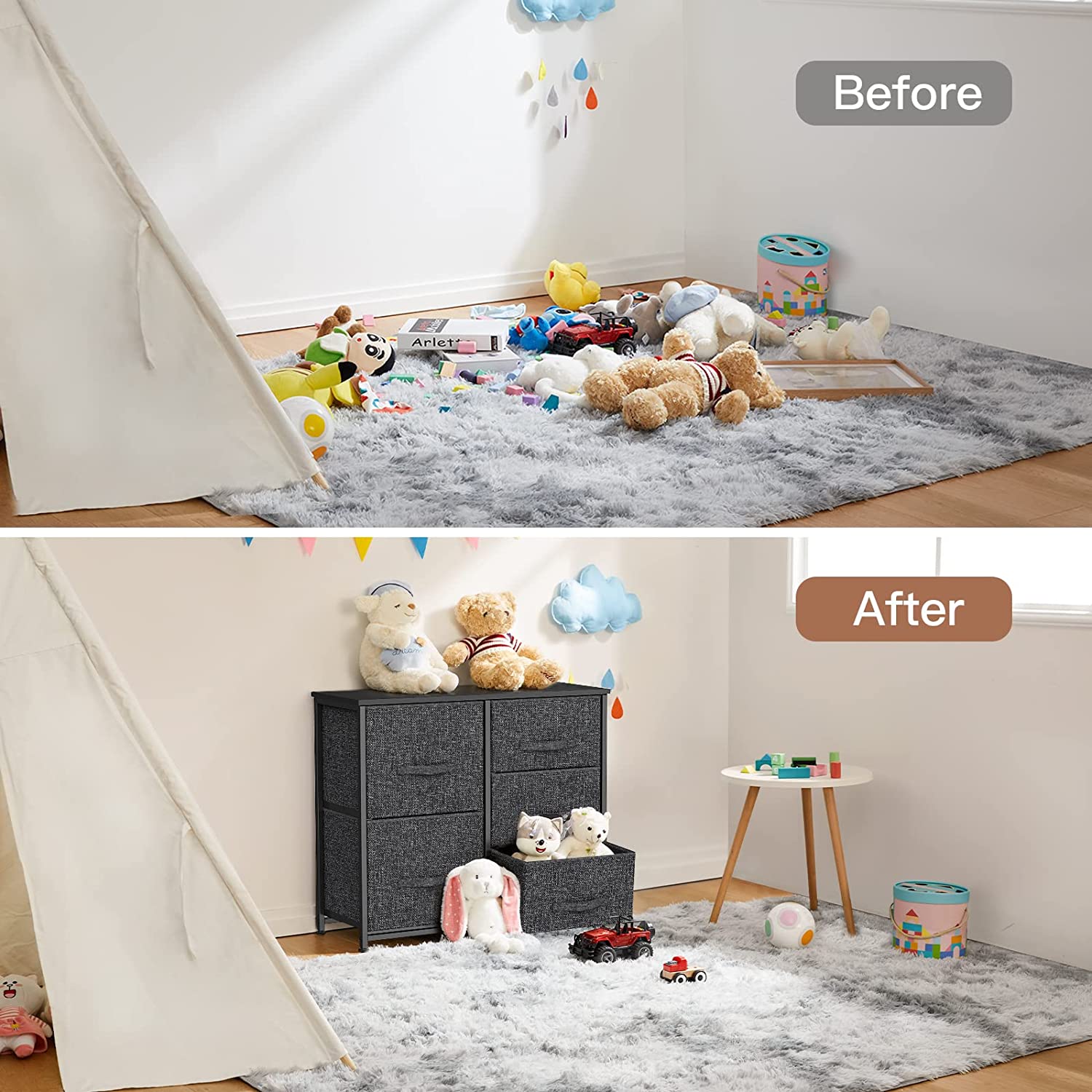 Pipishell Fabric Dresser, 5 Drawer Storage Chest Tower, Organizer Unit for Bedroom, Hallway, Entryway, Closets and Living Room -Sturdy Steel Frame, Wood Top, Easy Pull