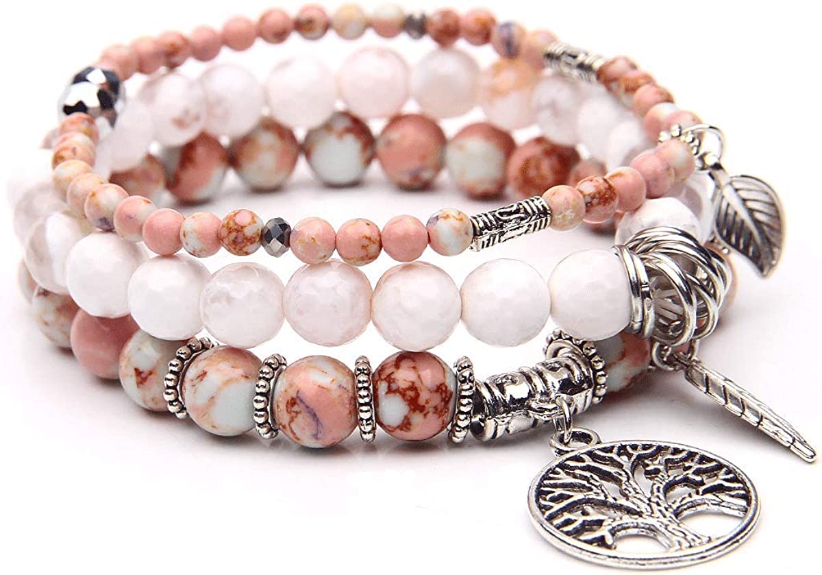 Tree of Life Turquoise Jasper & Tibetan Agate Gemstone Chakra Beaded Bracelet | Beach Charm Bracelet Set - Ocean Jewelry……