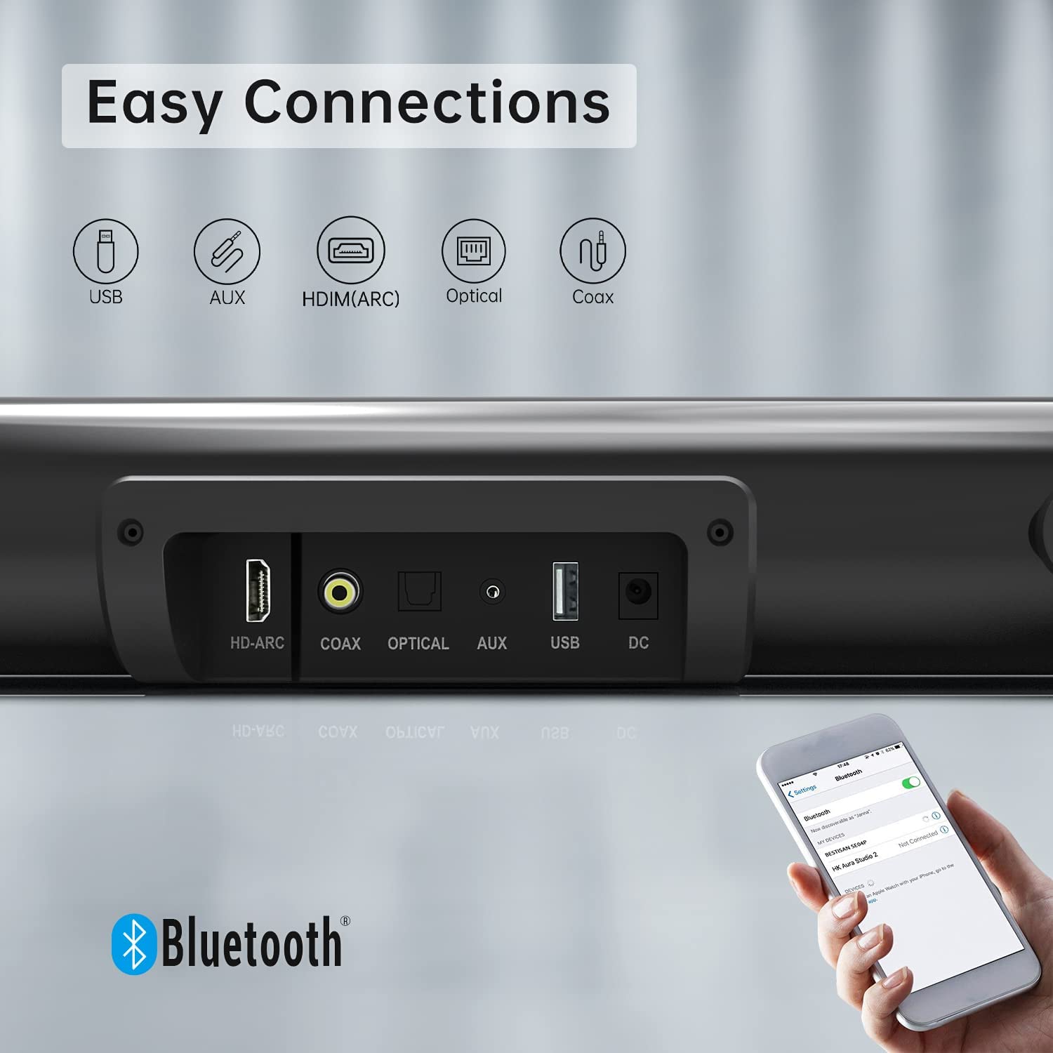 BESTISAN Sound bar for TV， 80W TV Sound bar with 4 Full-Range Speaker， 33Inch Surround Soundbar with Multi-Function Connections(Bluetooth/HDMI/Optical/Coaxial/AUX/USB)