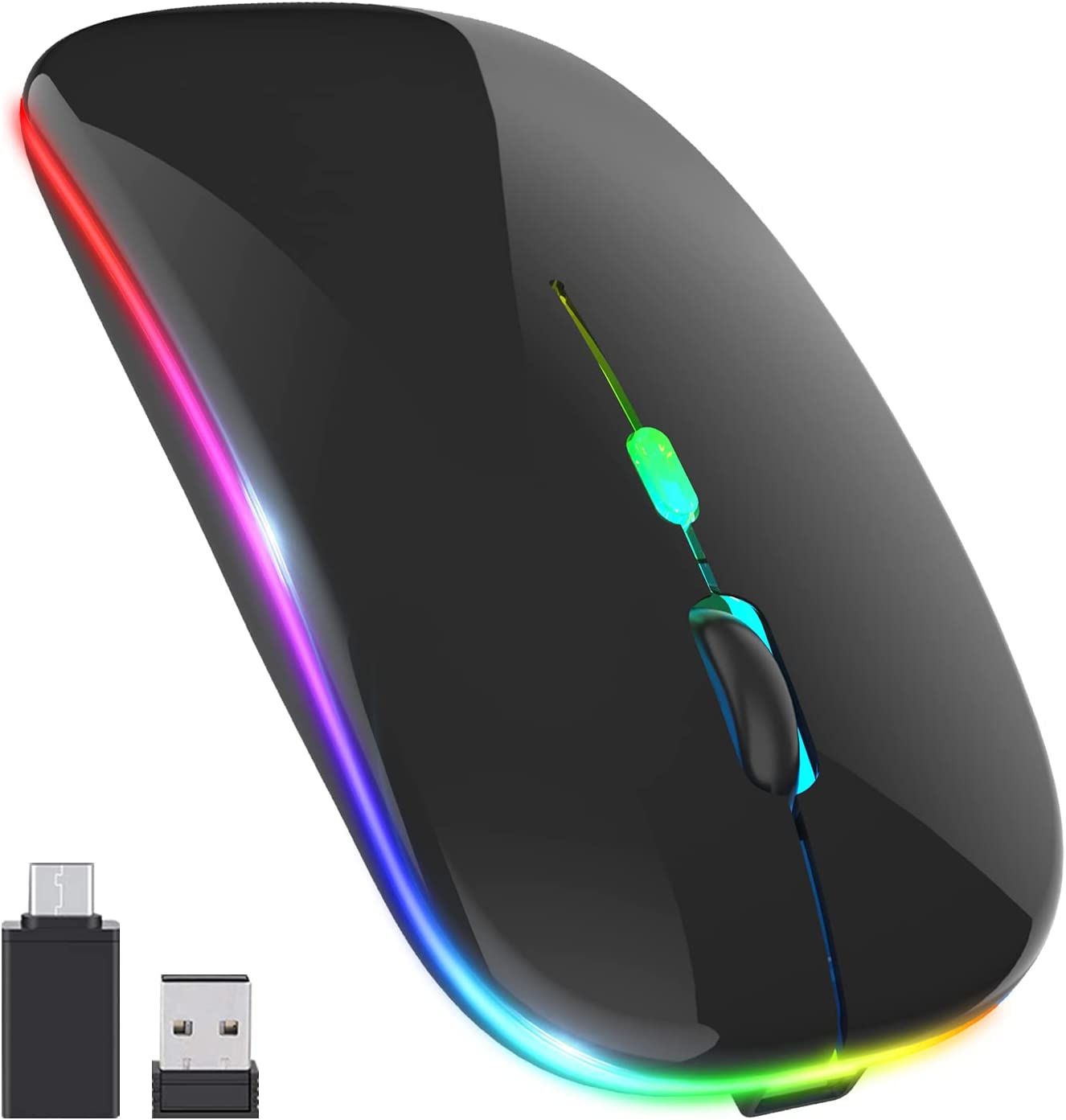 【Upgrade】 LED Wireless Mouse, Slim Silent Mouse 2.4G Portable Mobile Optical Office Mouse with USB & Type-c Receiver, 3 Adjustable DPI Levels for Notebook, PC, Laptop, Computer, MacBook (Black)