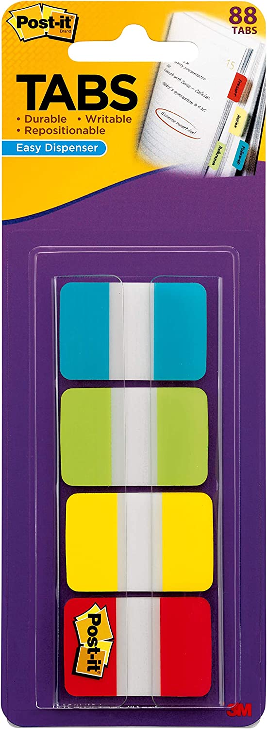 Post-it Tabs, 1 in Solid, Aqua, Lime, Yellow, Red, 22/Color, 88/Dispenser (686-ALYR1IN)