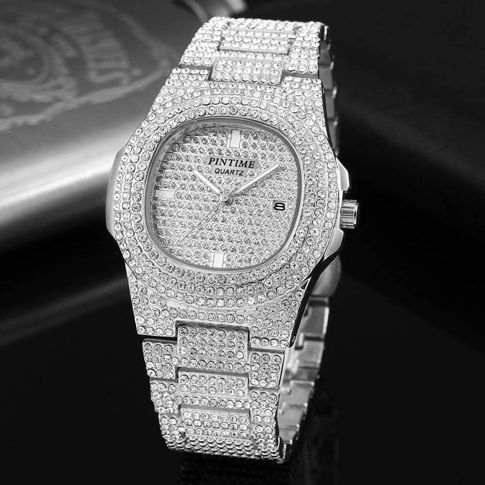 Gosasa Men's/Womens Unisex Crystal Watch Full Bling Iced-Out Cuban Watch Oblong Silver/Gold Wristwatch Hip-Hop Stainless Steel Bracelet Watch