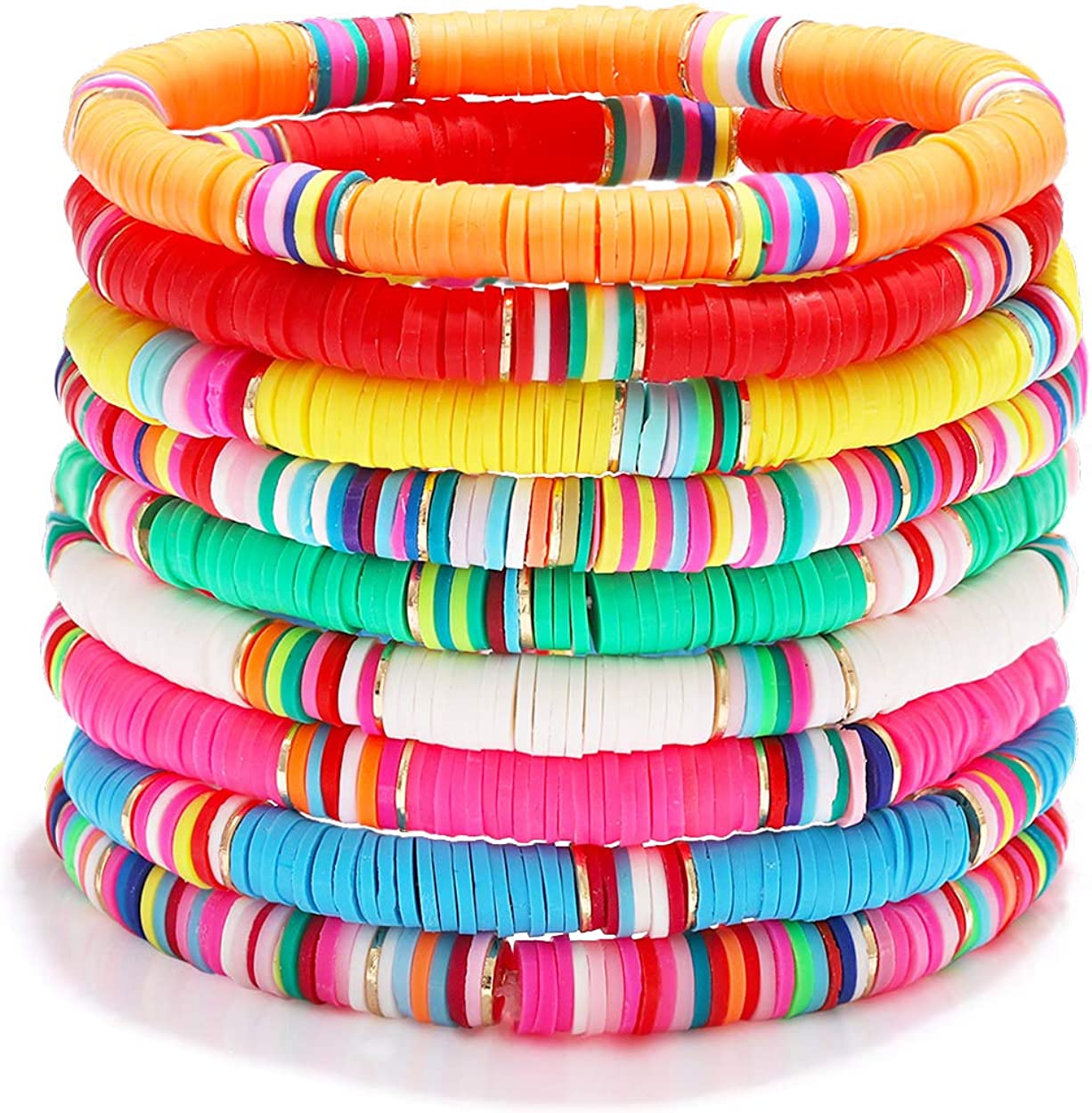 XOCARTIGE Surfer Heishi Bracelets for Women Stackable Rainbow Vinyl Disc Clay Beaded Stretch Bracelets Elastic Layering Friendship Bracelets Boho Summer Beach Jewelry