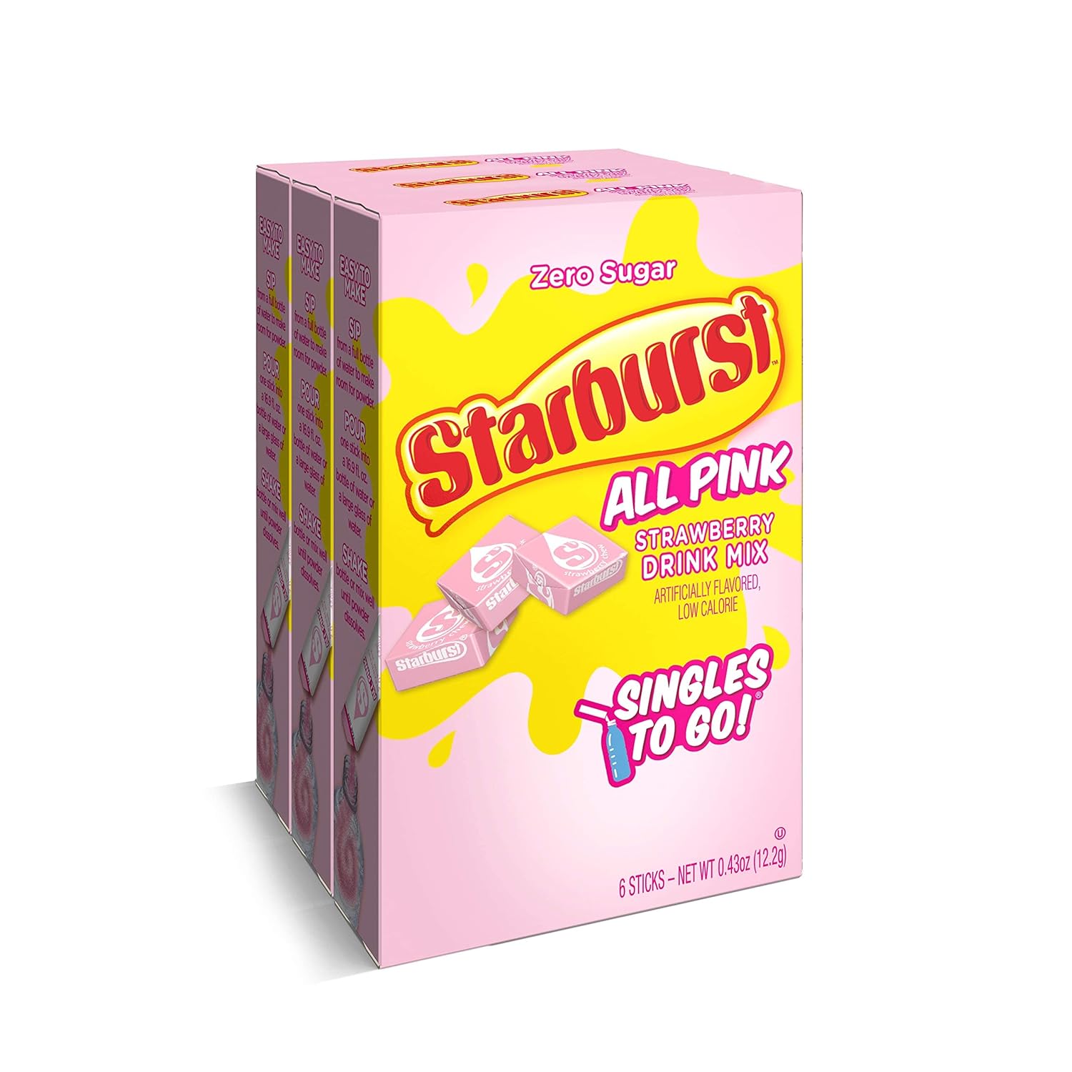 Starburst Singles To Go Powdered Drink Mix， All Pink Strawberry， 3 Boxes with 6 Packets Each - 18 Total Servings， Sugar-Free Drink Powder， Just Add Water， 6 count (Pack of 3)