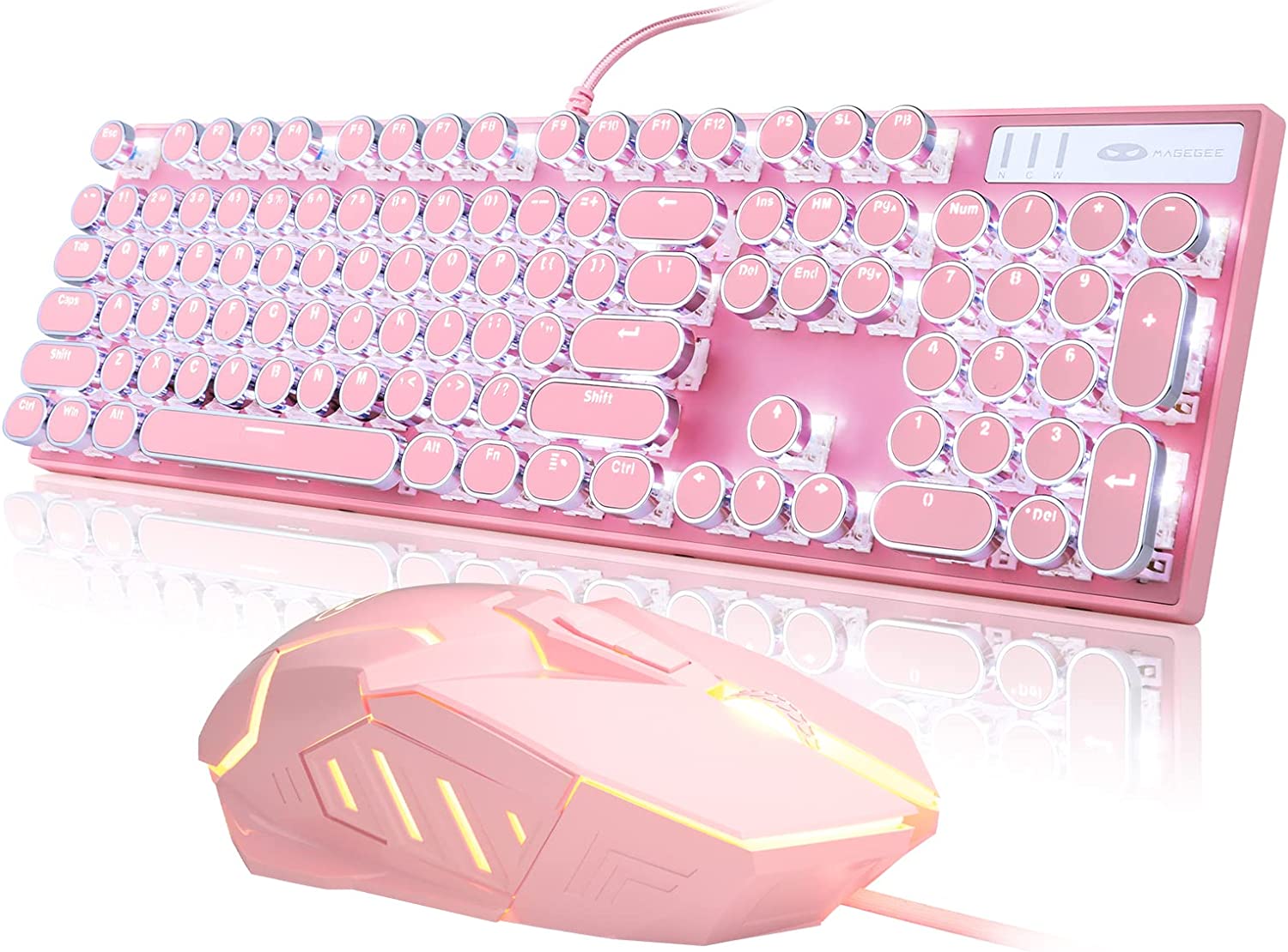 Retro Typewriter Keyboard and Mouse Combo, Cute Pink Keyboard with Linear Red Switches, Full Size Wired Mechanical Gaming Keyboard, Cool Light Up Keyboard and Mouse for Gaming,Work,Mac,PC,Windows