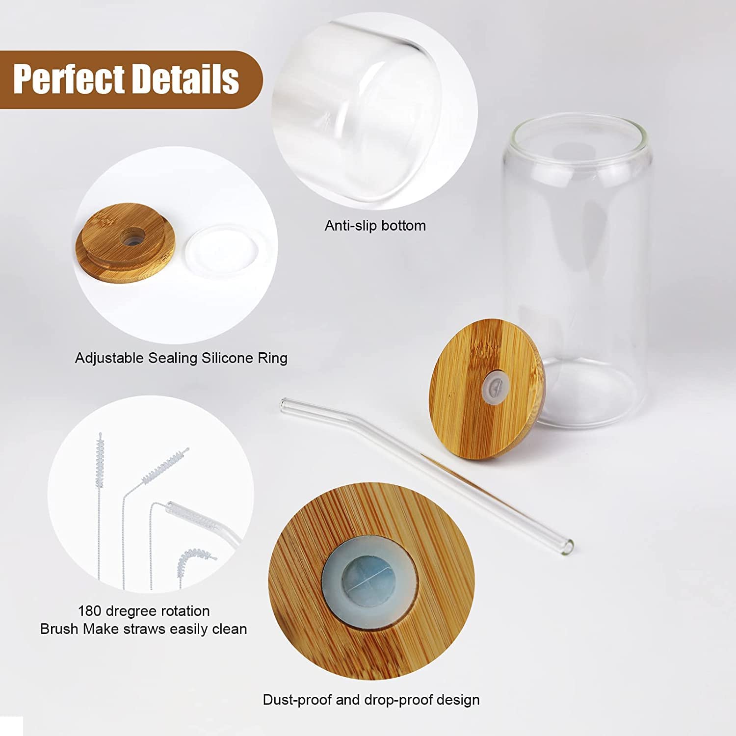 Glass Cups with Bamboo Lids and Glass Straw 4pcs Set - 16oz Can Shaped Drinking Glasses, Beer Glasses, Iced Coffee Glasses, Iced Tea GlassesCocktail, Whiskey, Wine, Soda, Gift - 2 Cleaning Brushes
