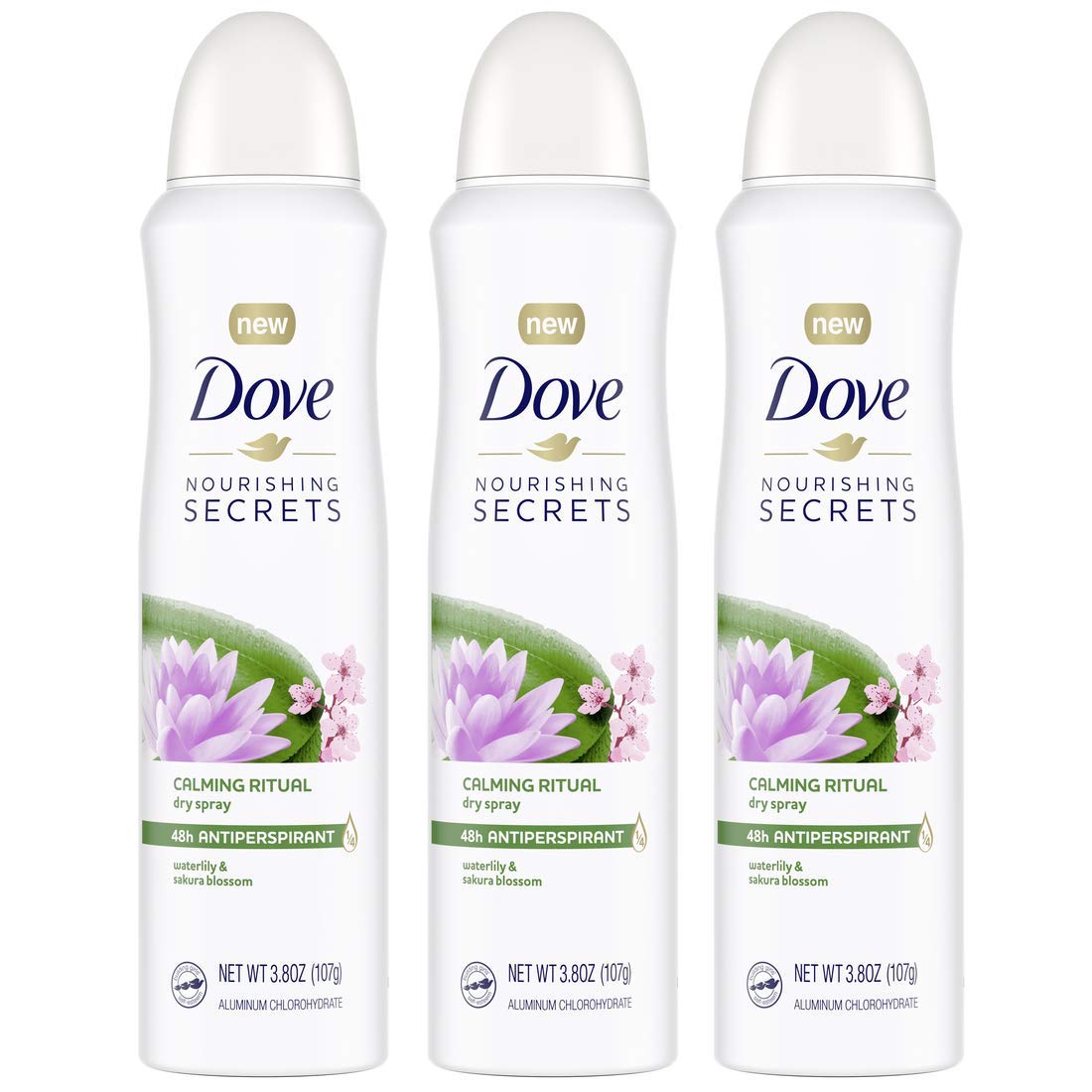 Dove Nourishing Secrets Dry Spray Antiperspirant Deodorant Waterlily & Sakura Blossom 3 Count for Women 48 Hour Sweat & Odor Protection 3.8 oz