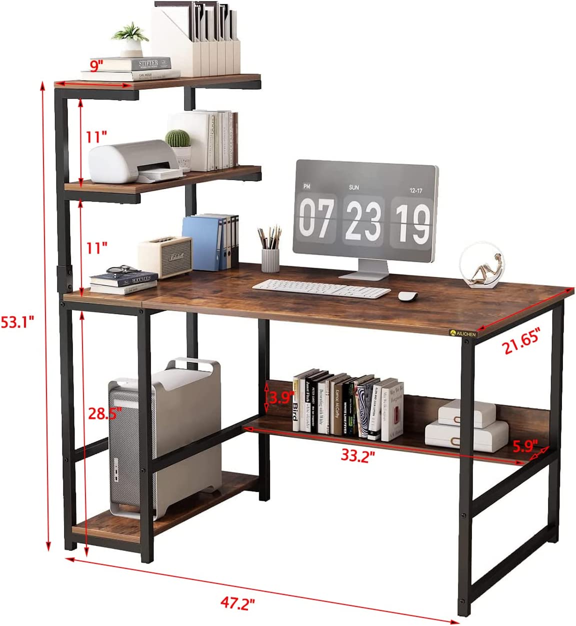 ALISENED Computer Desk with 4-Tier Storage Shelves， 43.3 inch Modern Large Office Desk Computer Table Studying Writing Desk Workstation with Bookshelf and Tower Shelf for Home Office