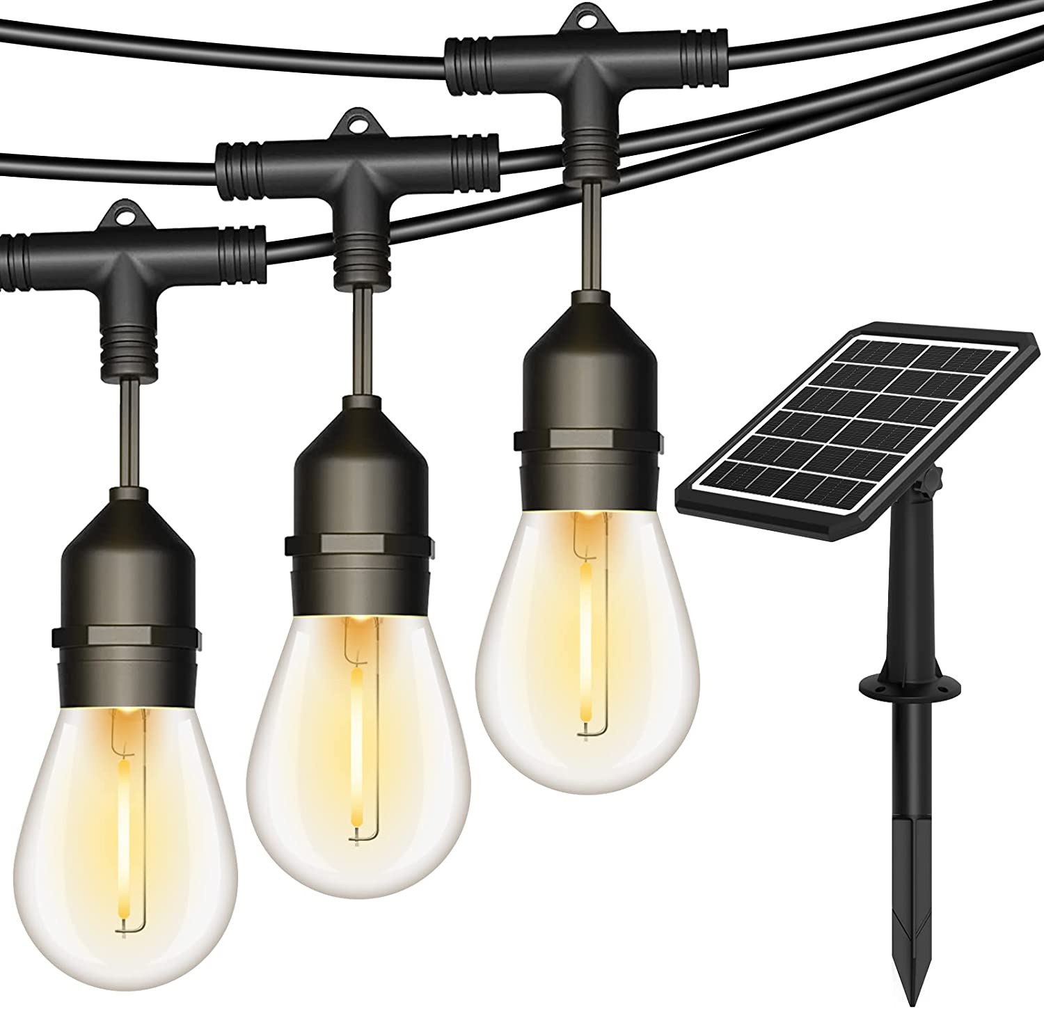 52 FT Solar Outdoor String Lights， Waterproof Solar Patio Light with 15 Shatterproof LED Edison Bulbs + High Efficient 6W Solar Panel + 6 in 1 Light Modes for Outside Party Backyard Porch Christmas