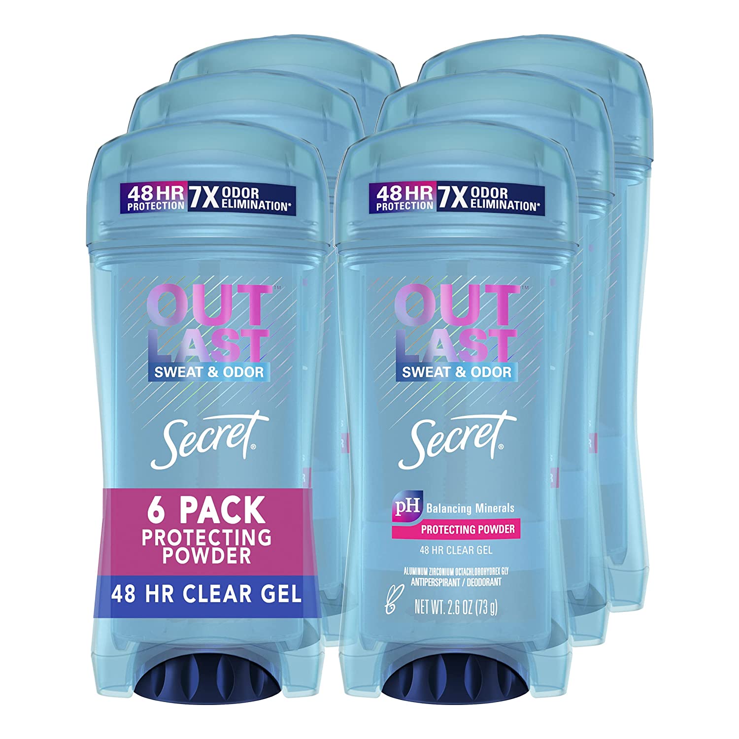 Secret Antiperspirant Deodorant for Women, Protecting Powder Scent, Clear Gel, Outlast Xtend, 2.6 Oz (Pack of 6) (Packaging May Vary)