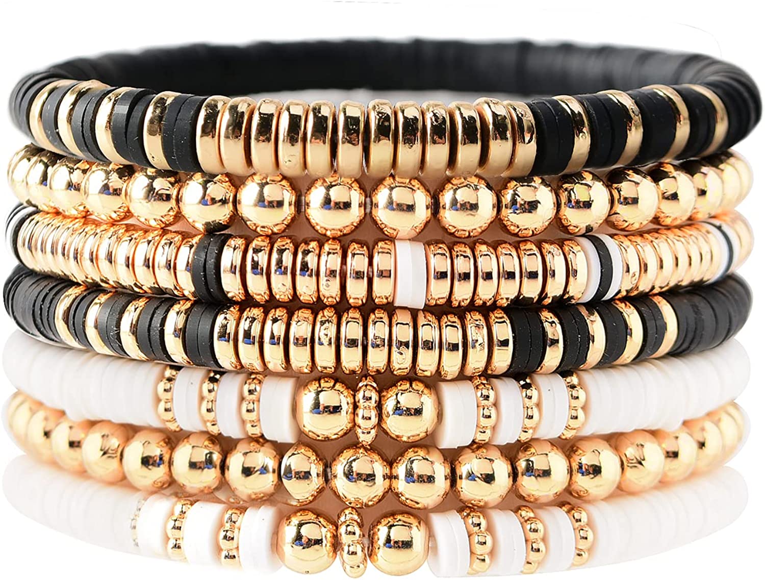 GOOJIDS Surfer Heishi Clay Bead Bracelets for Women Bohemian Stackable Evil Eye Vinyl Disc Beaded Stretch Bracelets Elastic Layering Friendship Bracelets Boho Jewelry