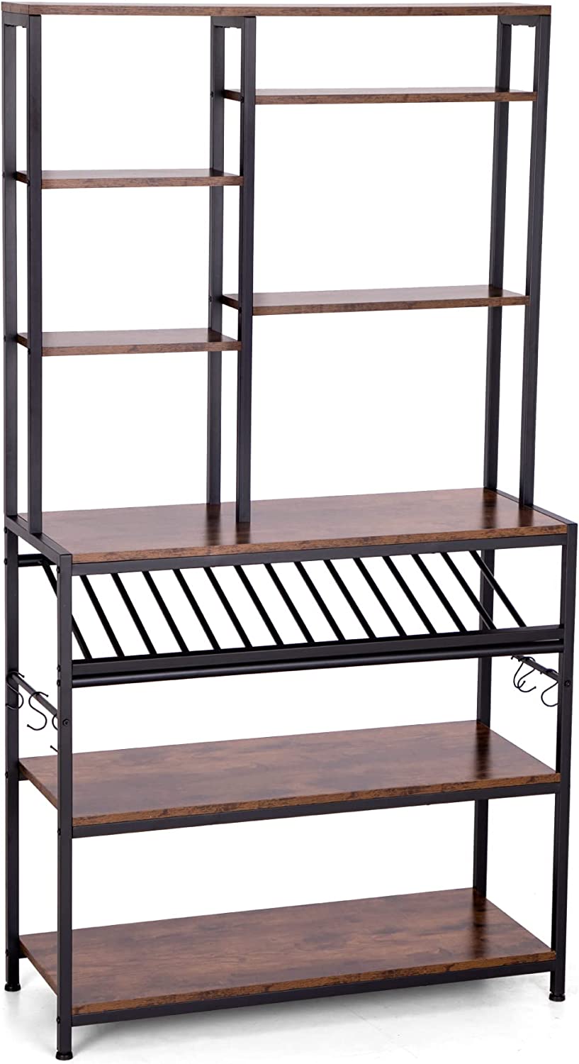 MAISON ARTS Bakers Racks for Kitchens with Storage， Microwave Stand Coffee Bar Station with 6 Hooks Wine Storage， Industrial Kitchen Shelf， Rustic Brown
