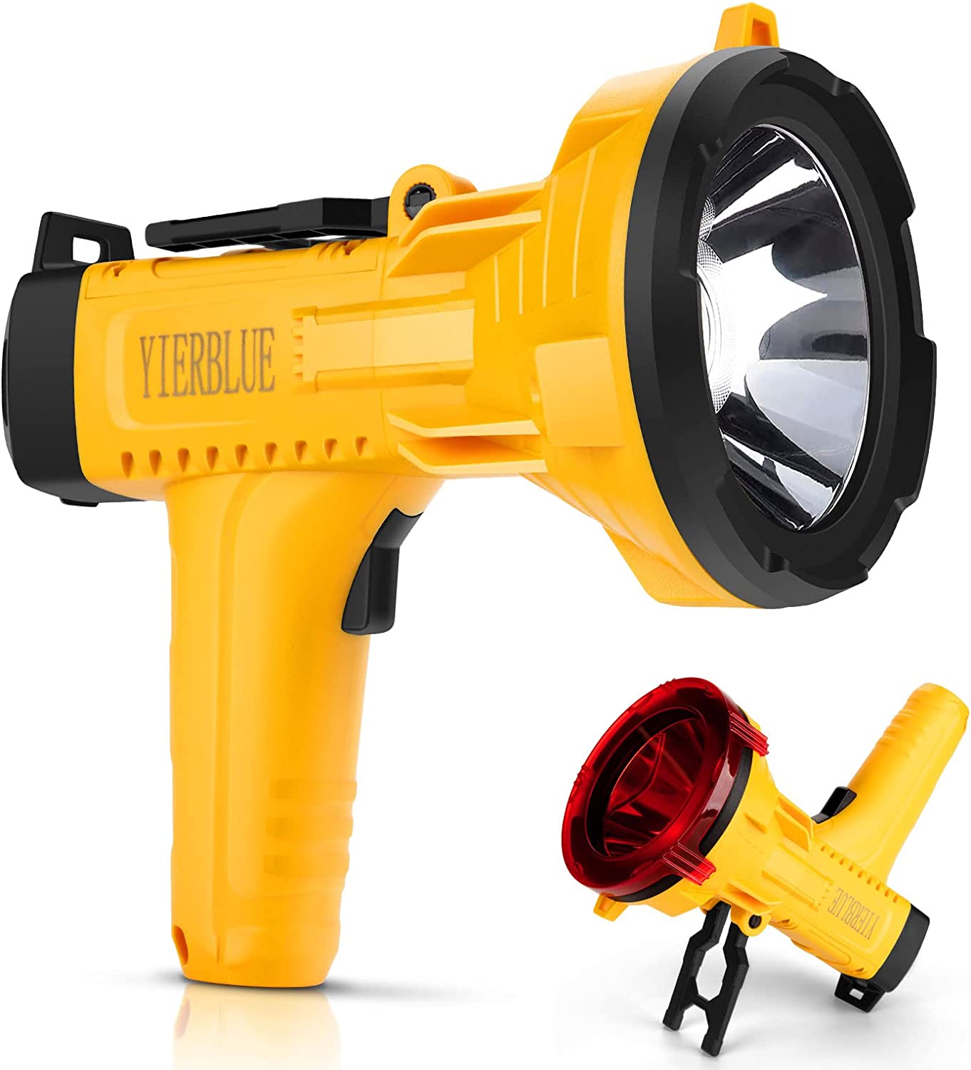 YIERBLUE Rechargeable Spotlight Flashlight 120000 High Lumen, IP66 Waterproof Spot Lights Outdoor Handheld, 20 Hours Long Lasting LED Large Flashlight with Foldable Stand and Detachable Red Filter