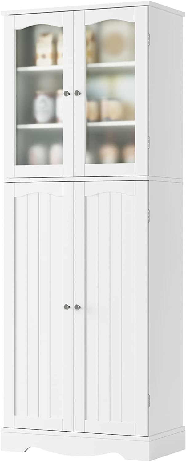 HORSTORS 64" Kitchen Pantry Cabinet， Modern Tall Cabinet with Glass Doors and Adjustable Shelves， Freestanding Utility Storage Cabinet Cupboard for Kitchen， Living Room， Dining Room， White