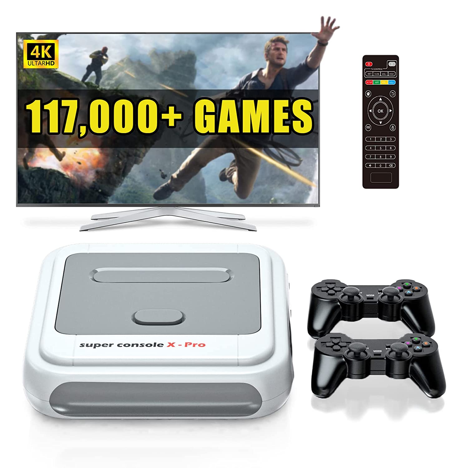 Classic super console X PRO has EmuELEC game system/Android TV system,retro game console pre-installed with 117,000+ games, 64+ emulators。Support wifi/1000M Ethernet, plug and play video game console