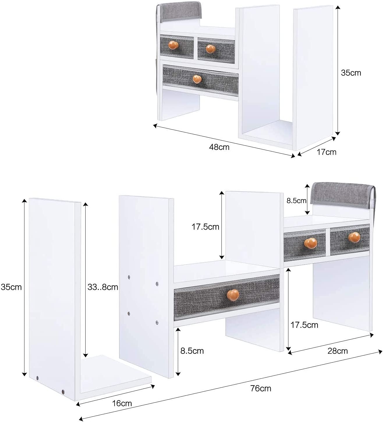 X-cosrack Wood Expandable Desktop Bookshelf Counter Bookcase Adjustable with Drawers Desktop Shelves Rack Storage Organizer for Office Supplies,Makeup,White.Petent Pending