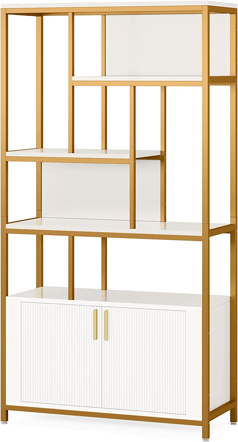 Tribesigns White Bookshelf with Doors， 70.86" Tall Etagere Bookcase with Storage Cabinet， Free-Standing Modern Gold Display Rack Shelves for Bedroom Living Room Office (White and Gold)