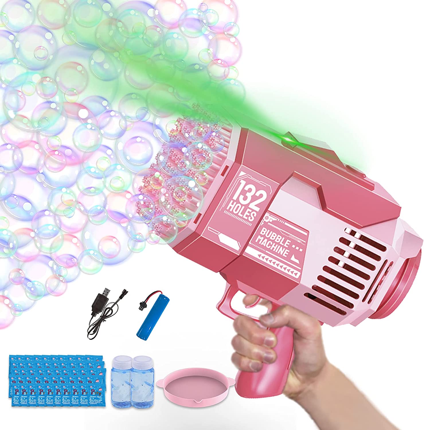 Upgraded Bubble Machine,132 Holes Bubble Gun 50 Bags of Foam Concentrate Colorful Lights,Bubbles Gun Blaster for Kids and Adults,Great Summer Toy Gift for Outdoor Indoor Birthday Wedding Party (Green)