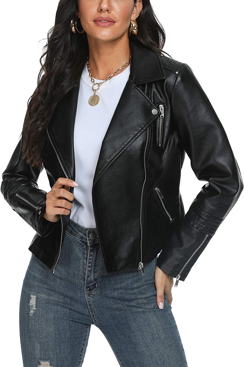 Fahsyee Women's Leather Jackets, Faux Motorcycle Plus Size Moto Biker Coat Short Lightweight Vegan Pleather Fashion