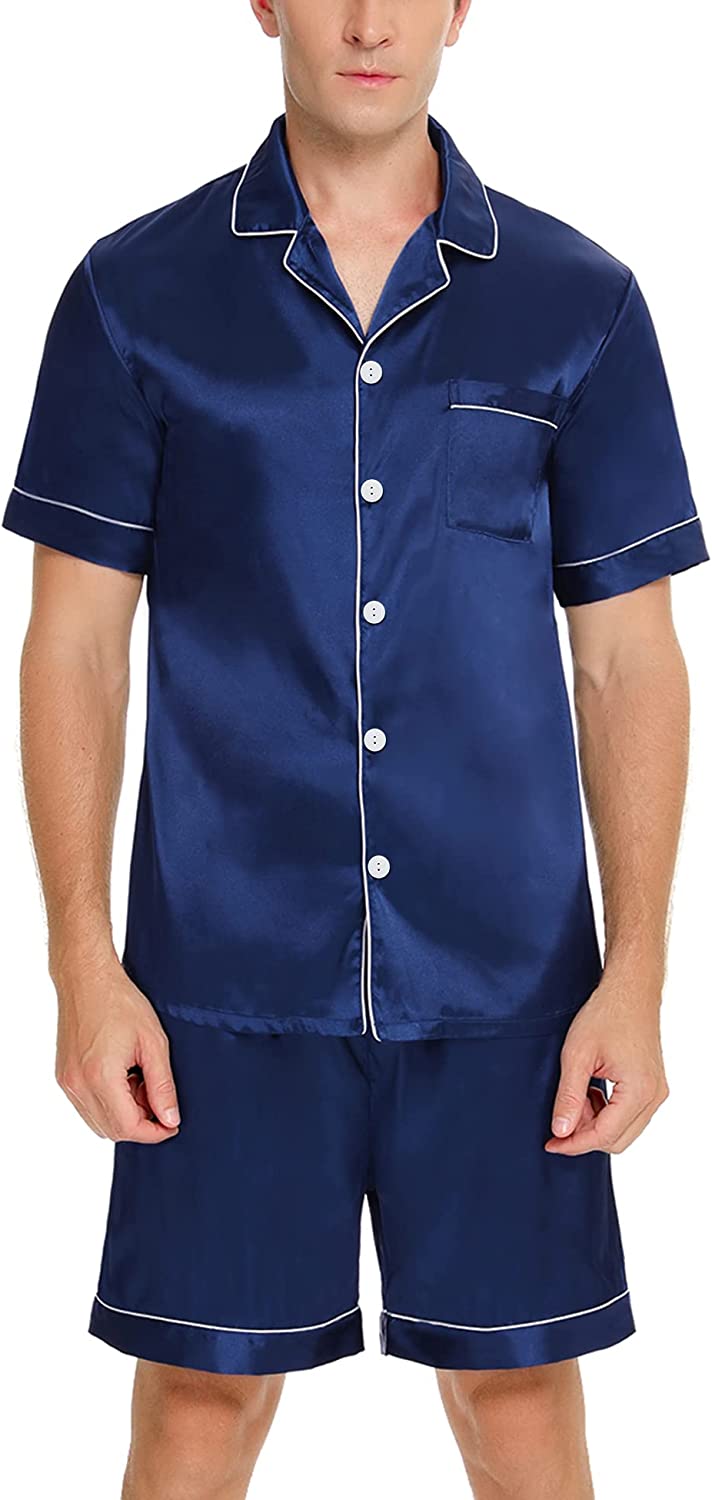 SWOMOG Men Silk Satin Pajamas Sets Short Sleeve Sleepwear Button-Down PJs Sets Two-Pieces Loungewear with Pockets