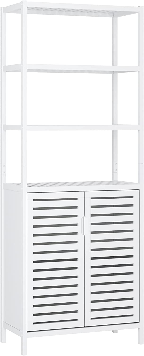 HIFIT Tall Bathroom Storage Cabinet， Bamboo Storage Cabinet with 2 Doors and 3 Tier Shelves， Bathroom Cabinet Freestanding， 67”H Bamboo Tall Cabinet for Bathroom Living Room Kitchen， White