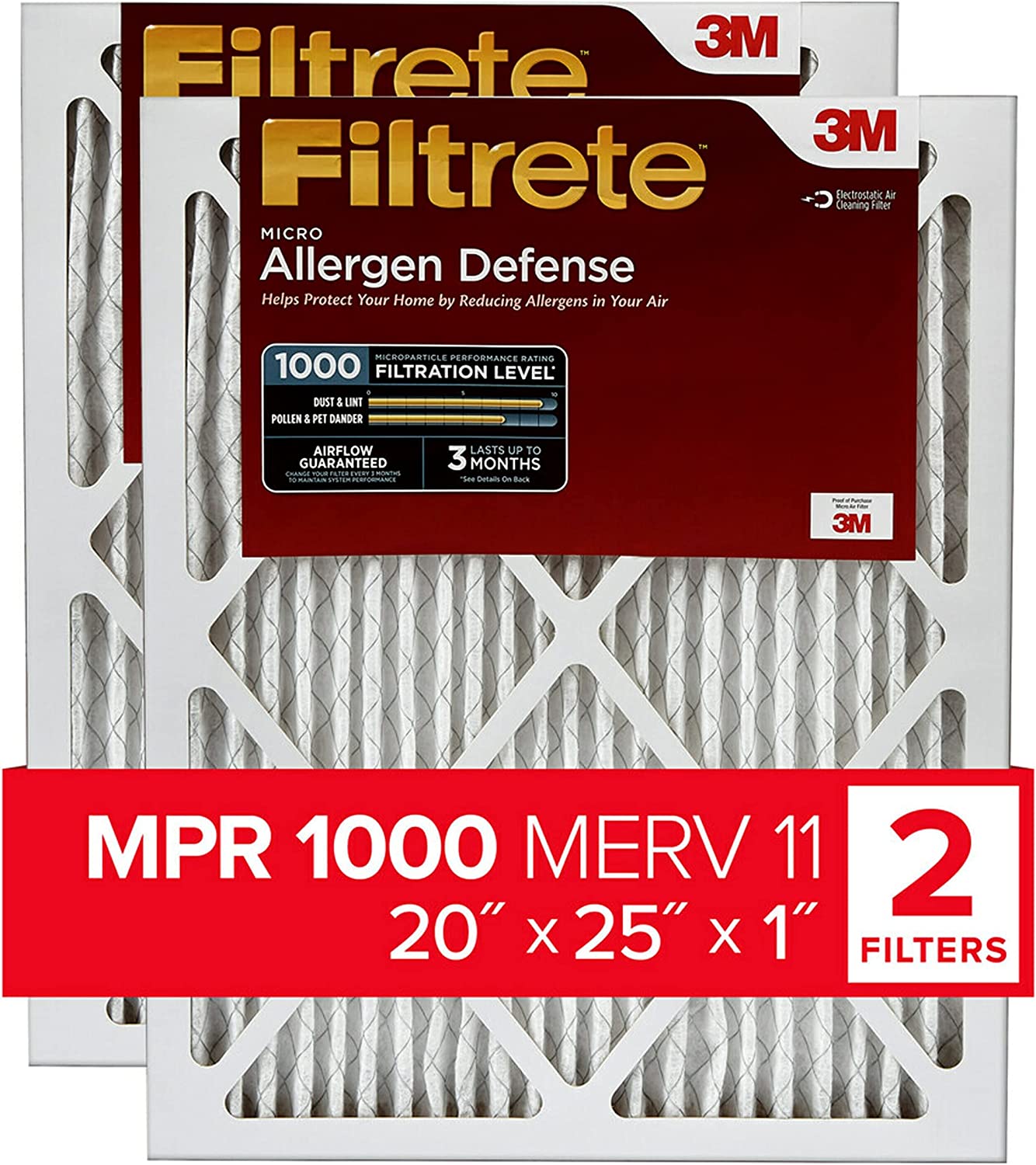 Filtrete 20x25x1, AC Furnace Air Filter, MPR 1000, Micro Allergen Defense, 2-Pack (exact dimensions 19.688 x 24.688 x 0.84)