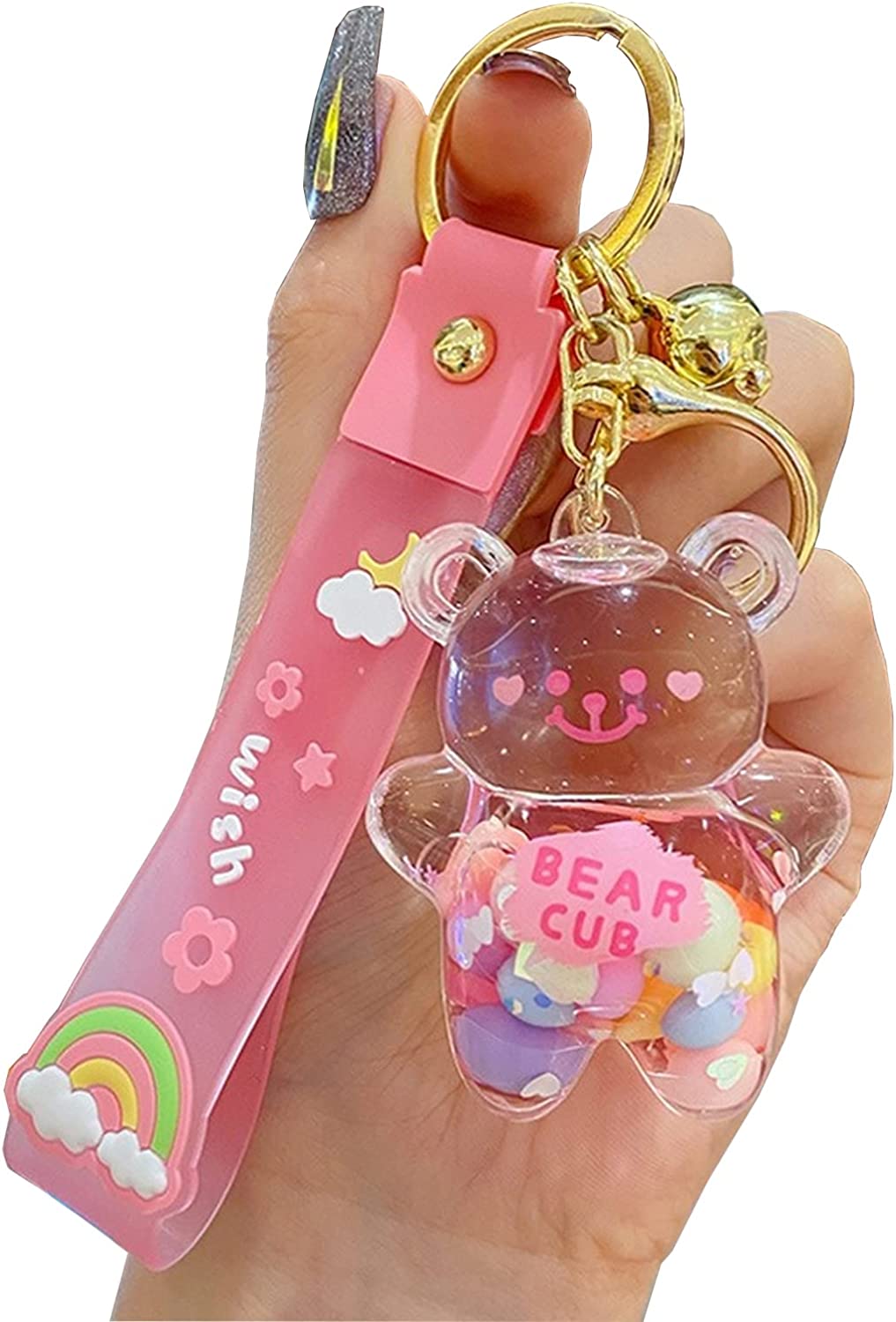 Kawaii Keychain Bear Liquid Floating Quicksand Cute Keychains Bag Charm Wristlet Bracelet Key Ring for Women Girl