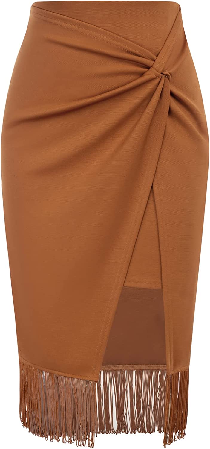 Kate Kasin Wear to Work Pencil Skirts for Women Boho Fringe Hem High Waisted Wrap Front Asymmetrical Bodycon Skirts