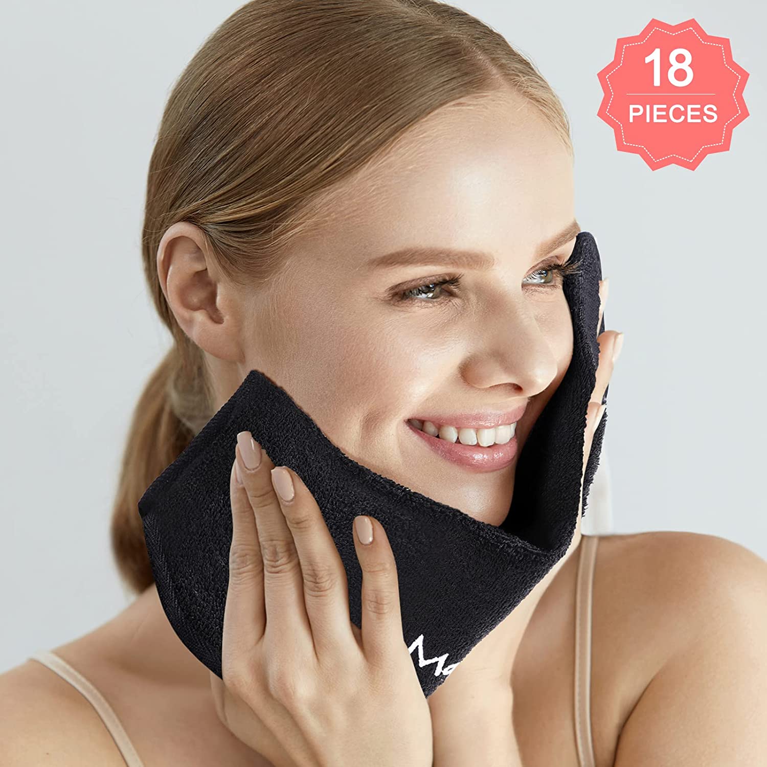 18 Pcs Makeup Remover Towels 13 x 13 Face Cotton Washcloths with Makeup Embroidery Black Facial Reusable Makeup Remover Cloth Soft Cleansing Makeup Washcloths Holiday Gift for Women