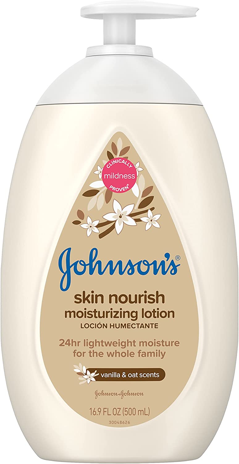 Johnson's Skin Nourish Moisturizing Baby Lotion for Dry Skin with Vanilla &amp; Oat Scents， Gentle &amp; Lightweight Body Lotion for The Whole Family， Hypoallergenic， Dye-Free， 16.9 fl. oz