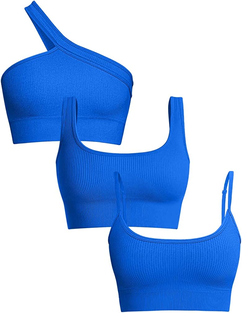 OQQ Women's 3 Piece Medium Support Tank Top Ribbed Exercise Seamless Scoop Neck Sports Bra One Shoulder Tops Crop Tops