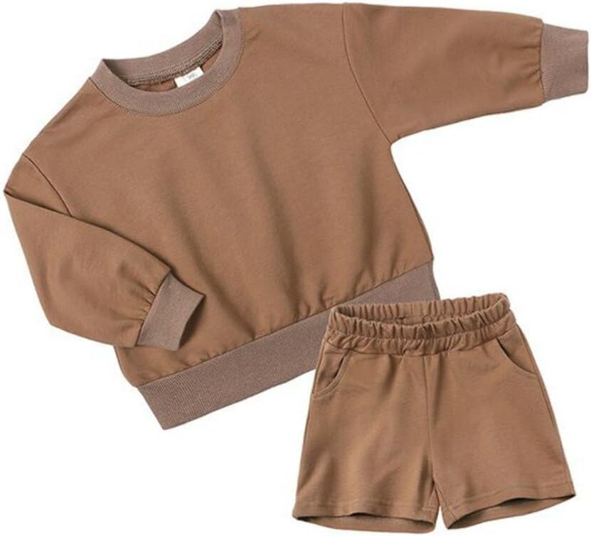 QueenLine 10Sets Bulk Items Wholesale Children Sets Long Sleeves Pullover Tops Hoodie + Shorts Two Piece Sets Casual Solid Tracksuits Brown 130cm